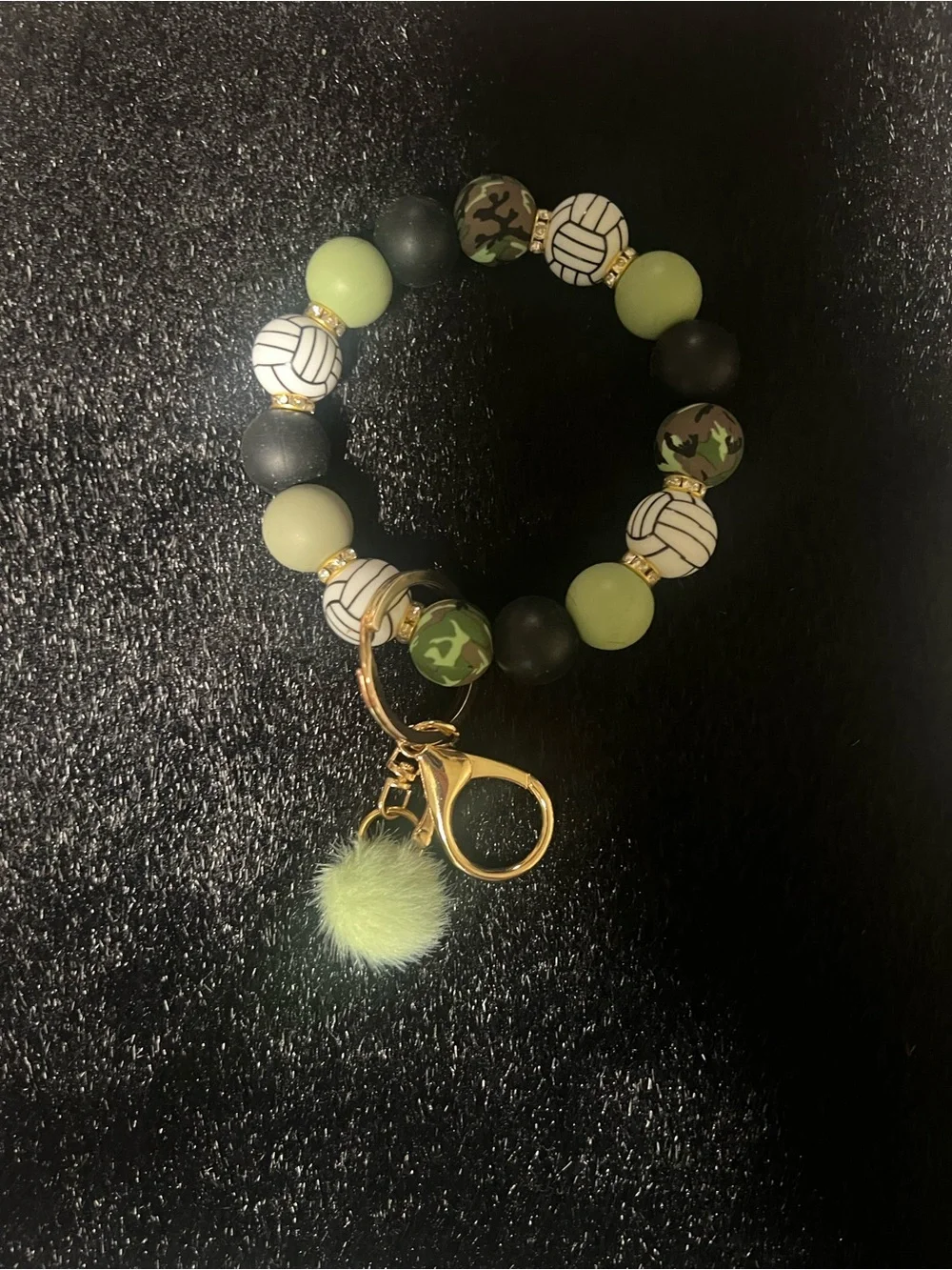 Volleyball Green Camouflage Beaded Keychain Bracelet with Pom Charm